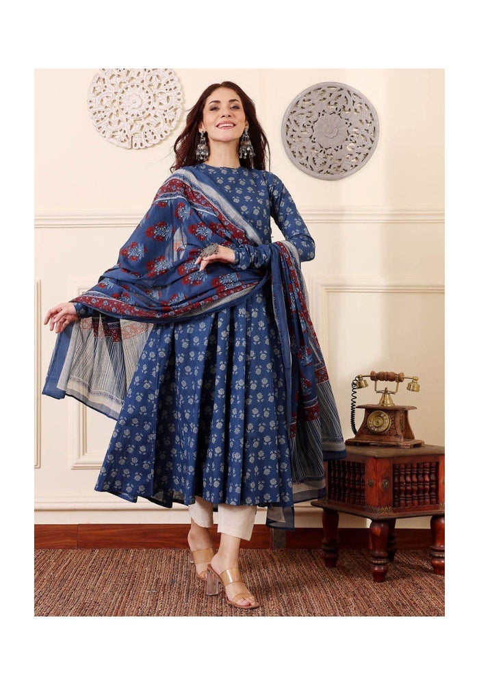 Malishka Export Blue Rayon Printed Anarkali Kurta Pant With Dupatta for Women - Image 5
